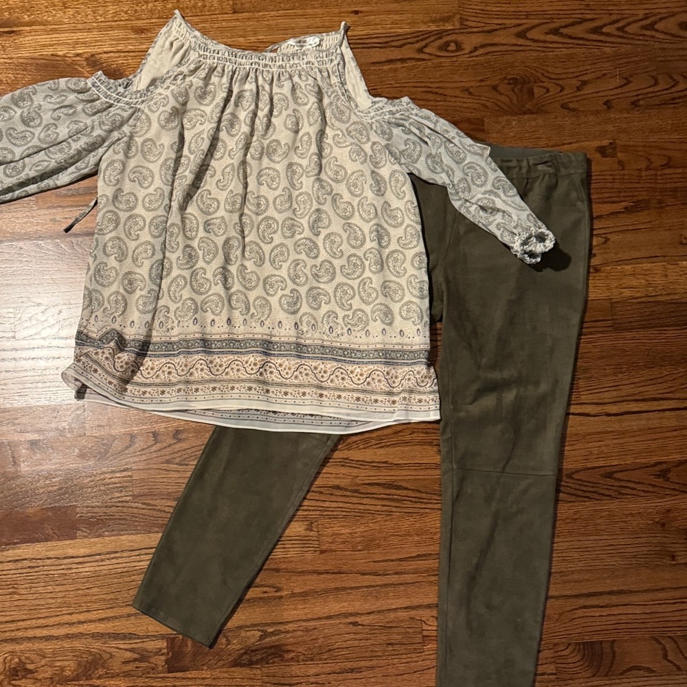 Paisley Off-Shoulder Top with Olive Pants